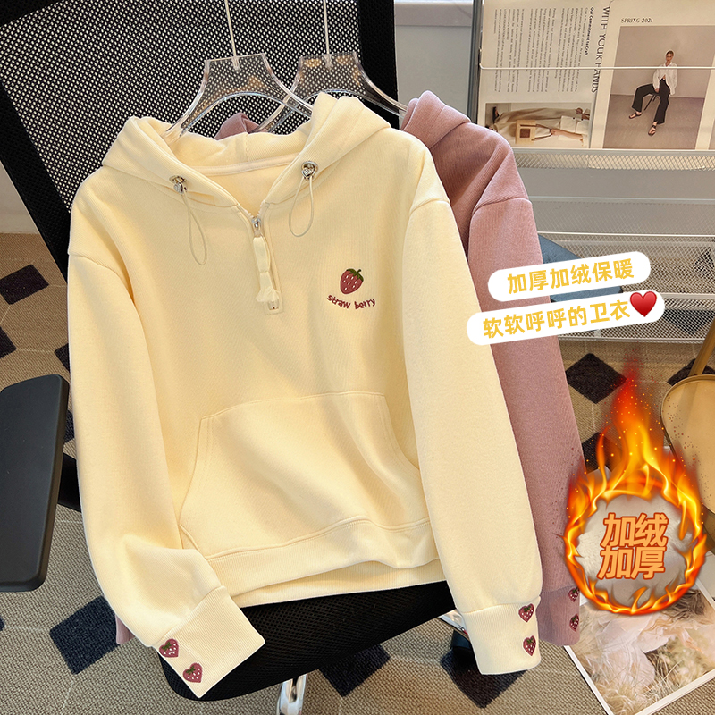Half-zip hooded velvet thickened sweatshirt for women 2023 winter new style American oversize top hoodie