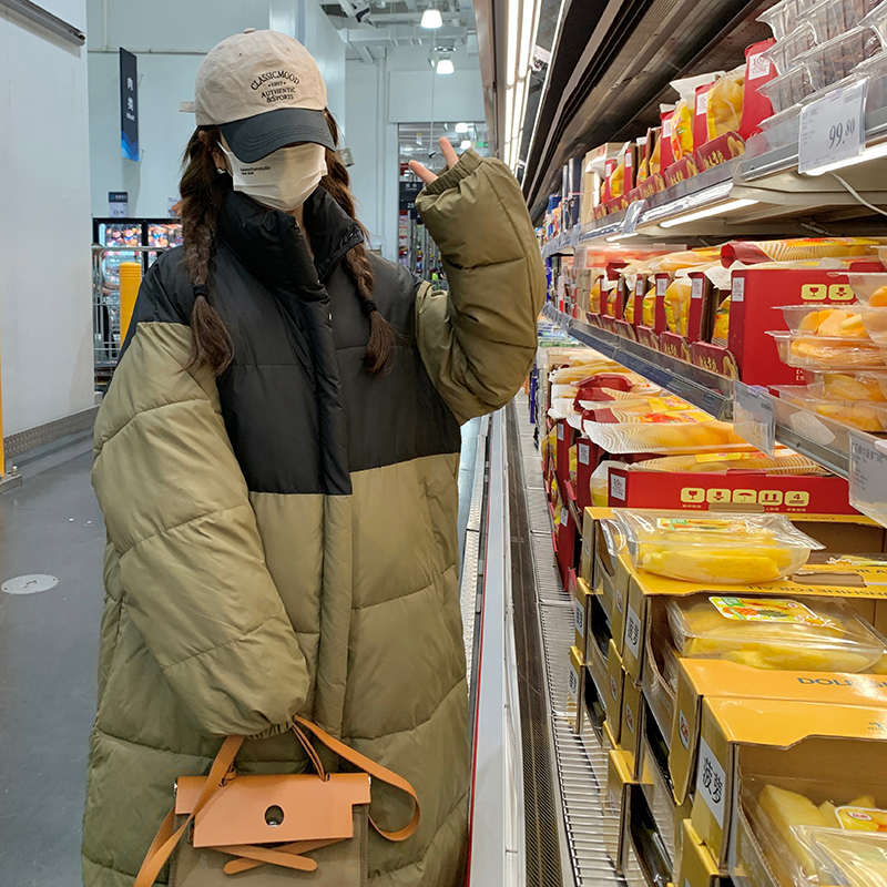 Real shot of cotton-padded jacket for women, Korean version, medium-length, large size, Hong Kong-style bread coat, loose student long waist-cinching down jacket