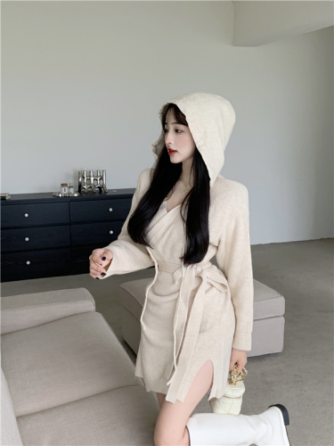 Real shot of elegant strappy sweater jacket long-sleeved sweater hooded dress