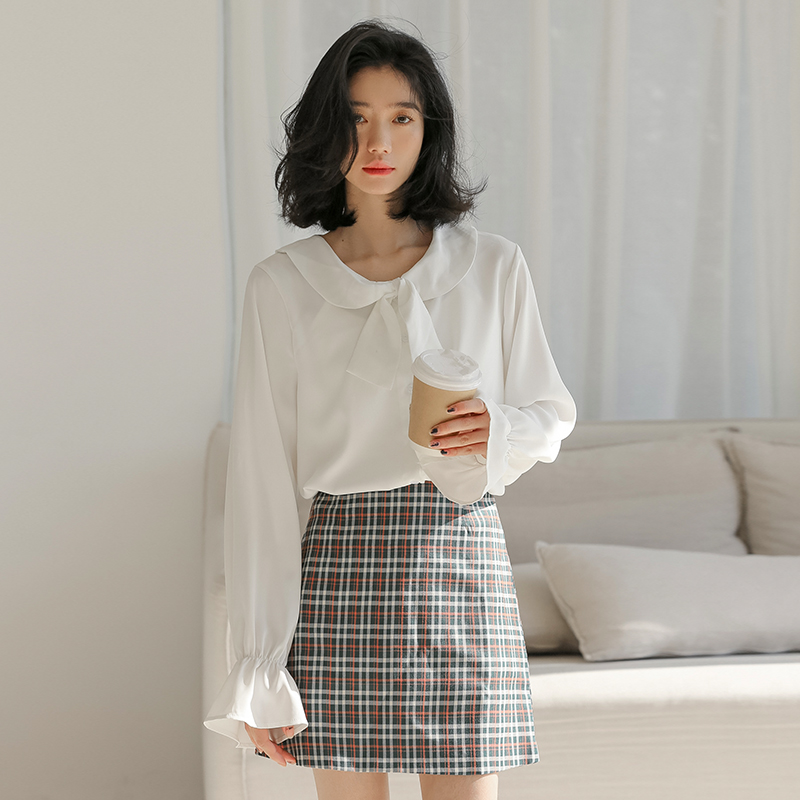 實拍秋新款韓風學生款chic小眾設計感白襯衣女時尚長袖襯衫
