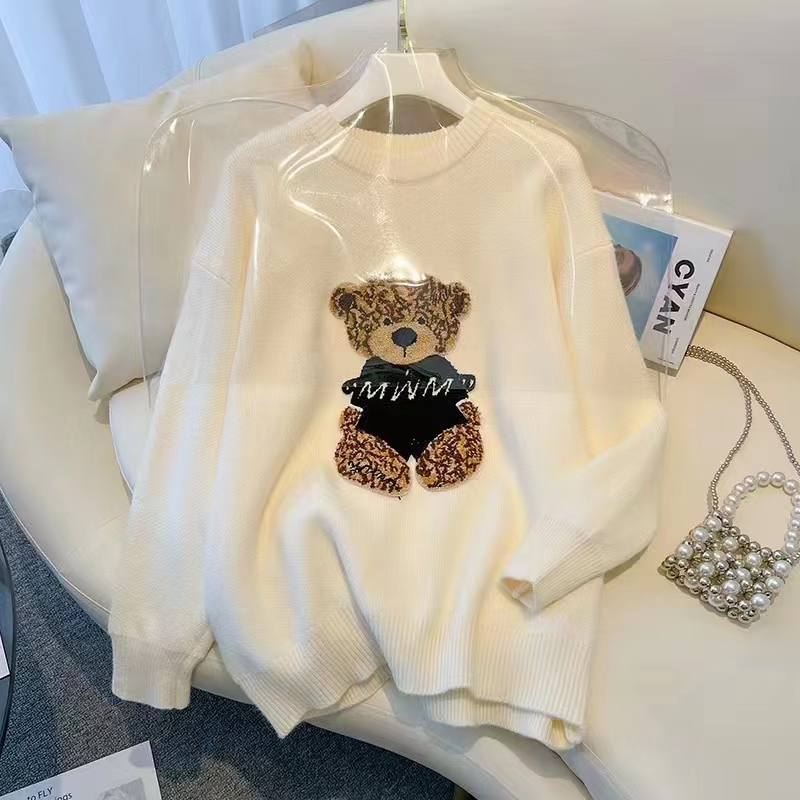 Korean style lazy style bear pullover sweater for women niche design sweater autumn and winter cute style long-sleeved knitted top