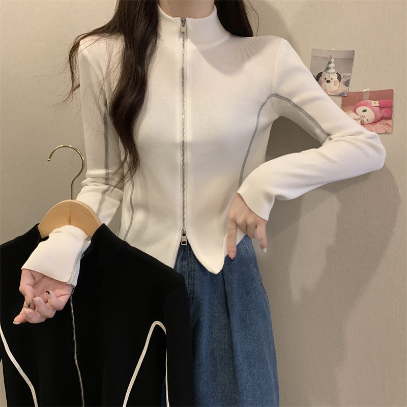 實拍設計感長袖雙拉鏈針織開衫毛衣外套女半高領修身短款辣妹上衣