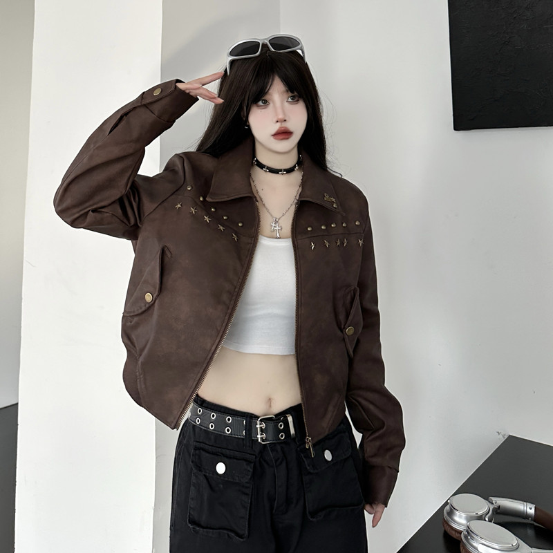 實拍#復古PU皮衣外套女2023春秋新款短款小個子港風機車服夾克潮