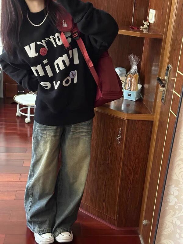 美式復古半高領衛衣女春秋冬寬鬆潮牌慵懶風oversize無帽套頭上衣