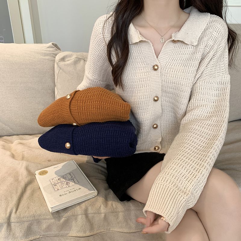 Actual shot of new retro lapel long-sleeved cardigan for women all-match loose sweater