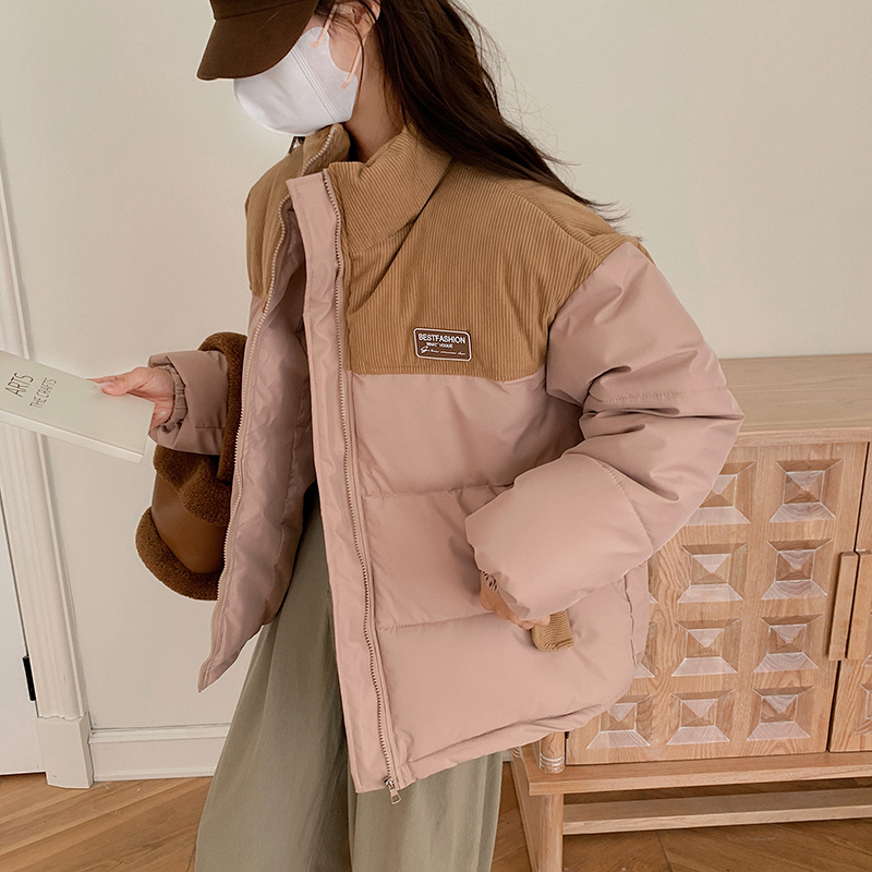 Real shot of corduroy spliced ​​cotton coat for women winter 2023 loose oversize cotton coat retro thickened short jacket
