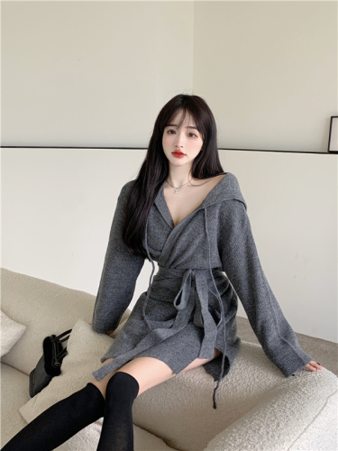 Real shot of elegant strappy sweater jacket long-sleeved sweater hooded dress