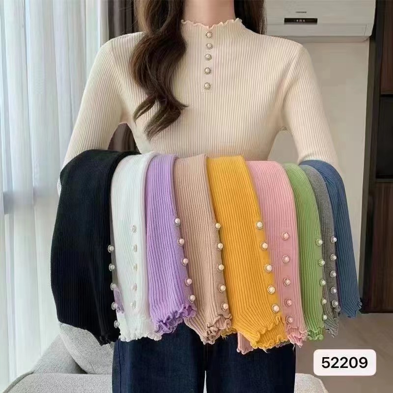 2023秋季新款韓版氣質優雅半高領木耳邊修身長袖上衣女