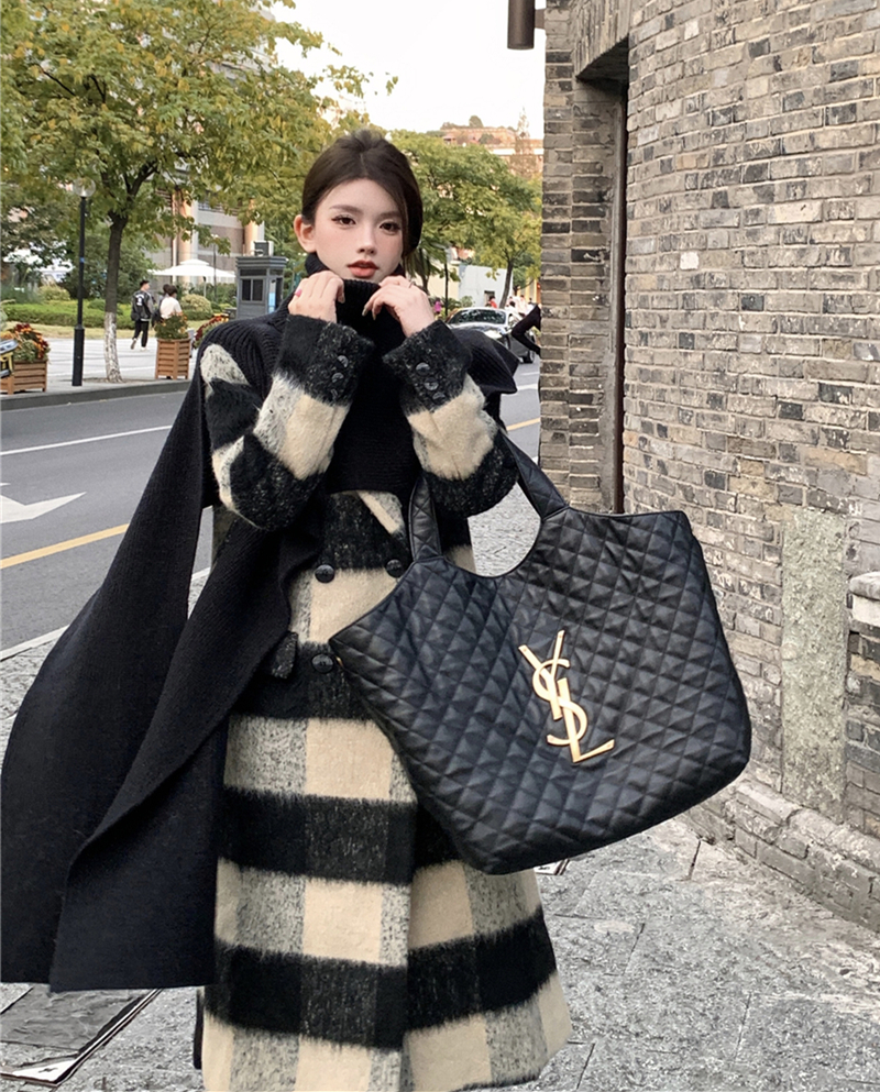 實拍秋冬黑色復古呢子大衣外套英倫風黑白格子毛呢中長夾棉女