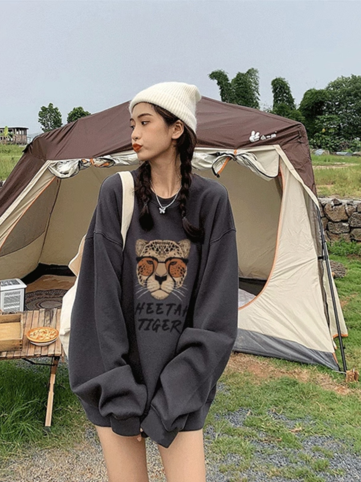 碳灰色衛衣女春秋2023新款歐貨大版美式寬鬆bf慵懶風遮**中長款