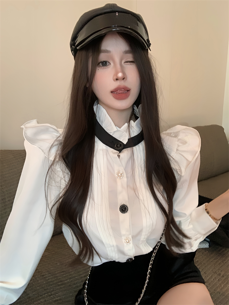 實拍 精緻貴氣小飛袖白襯衫上衣女撞色