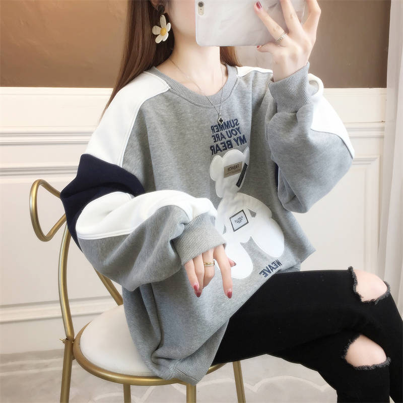 實拍秋冬韓版複合不起球310克印花寬鬆假兩件大碼女裝加絨衛衣女