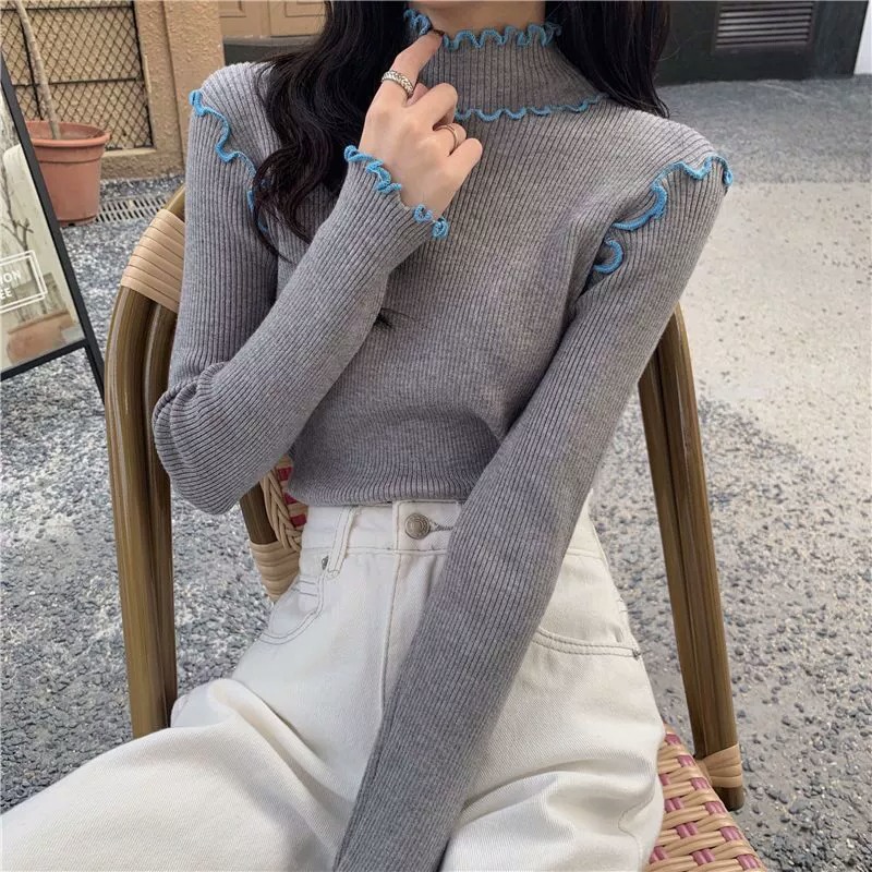 Western style half-high collar half-high collar slim long-sleeved sweater for women 2023 spring and autumn curled short top