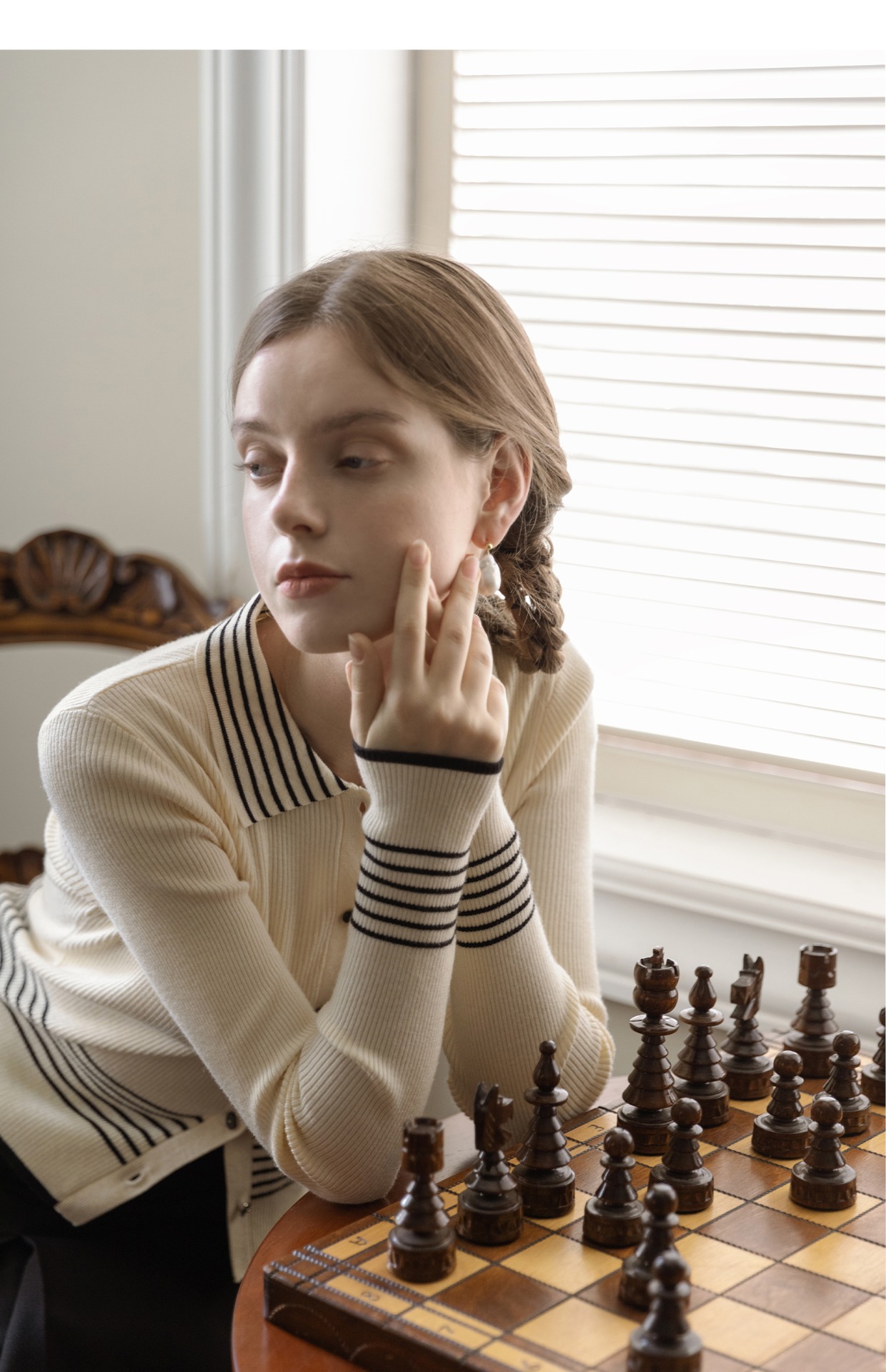 早秋新款~紙片人翻領針織開衫女撞色條紋修身長袖上衣