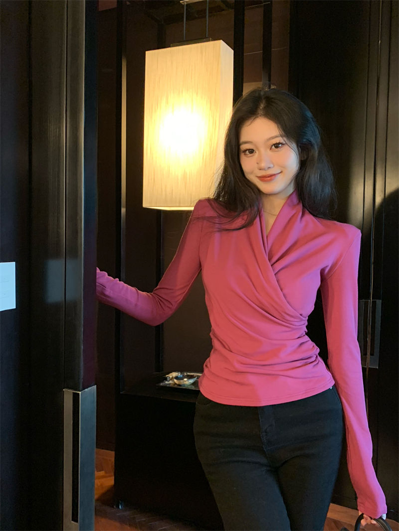 2023韓版v領交叉套頭短款長袖T恤女秋冬新款上衣