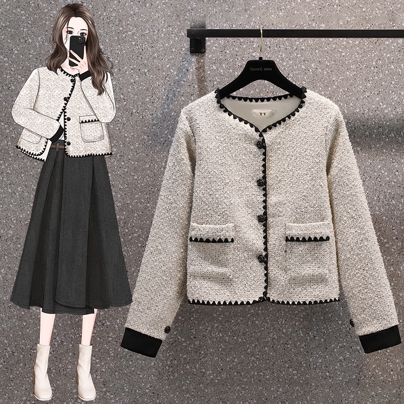 Real shot of autumn and winter large size high-end and elegant small fragrance jacket niche celebrity versatile top M-4XL 200 pounds
