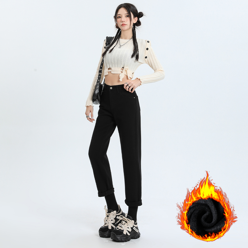 實拍2023秋季新款牛仔褲女經典百搭加絨加厚直筒寬鬆闊腿顯瘦