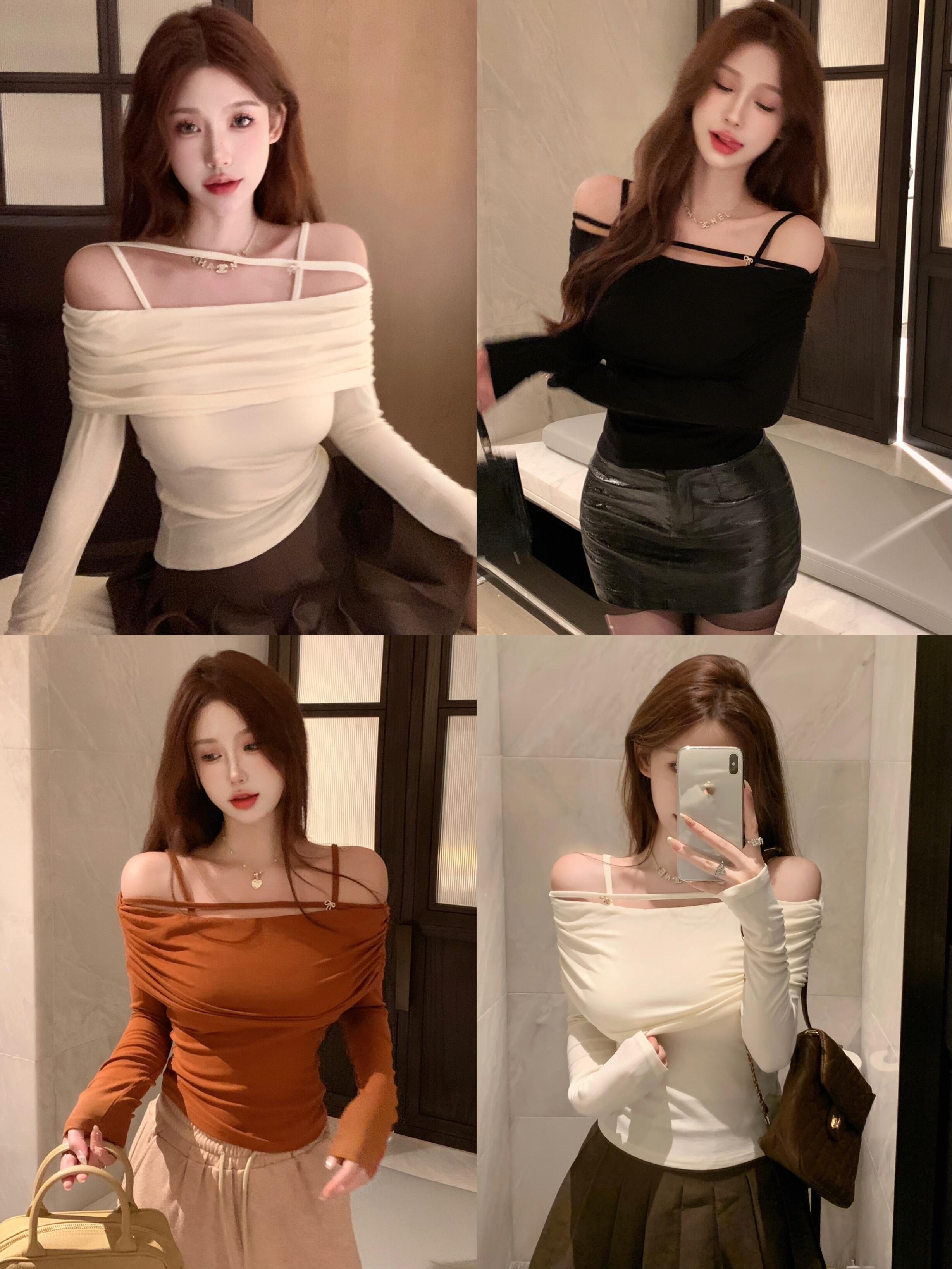 Actual shot of the new autumn and winter one-shoulder bottoming shirt, slim-fitting bow design long-sleeved T-shirt top