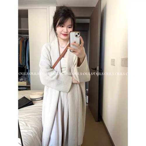 OULS lapel knitted jacket  new Korean style commuting mid-length long-sleeved lazy style sweater knitted jacket