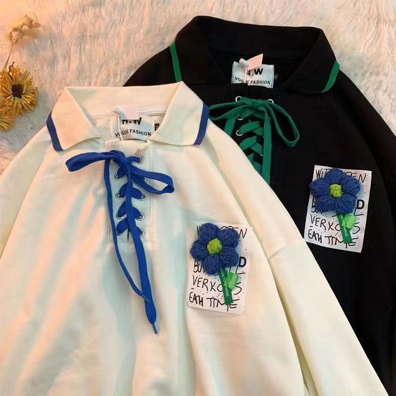 Original workmanship American retro design sweatshirt for women spring and autumn loose fat mm extra large size polo collar jacket