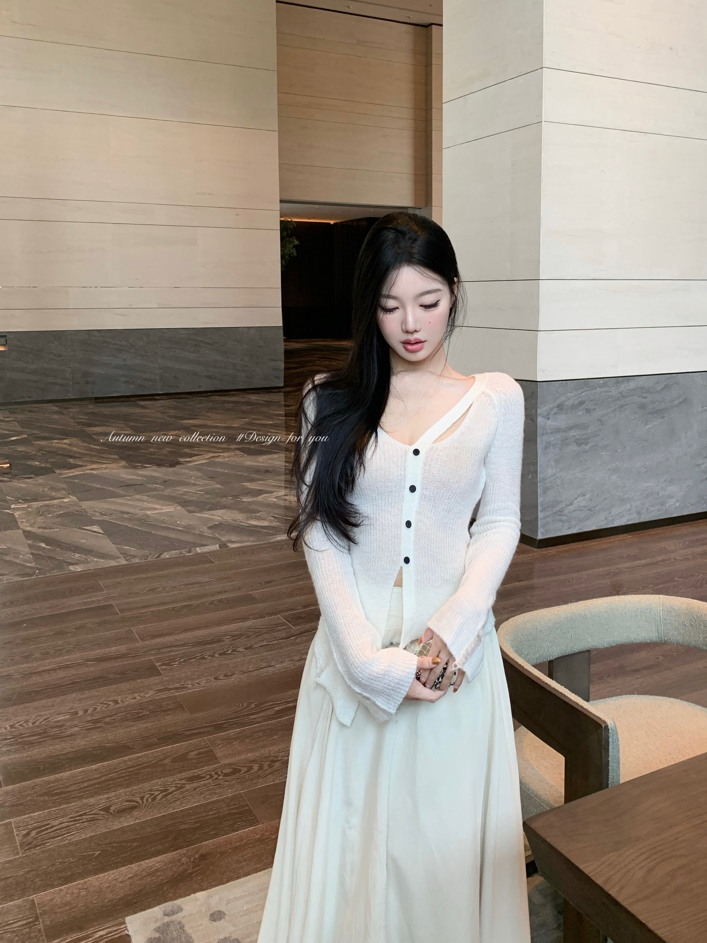 Real shot of Wabi-sabi style irregular large hem linen skirt and hollow slightly see-through sweater