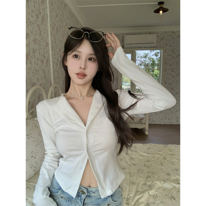 純欲風白色v領長袖正肩T恤女秋季辣妹修身短款打底衫