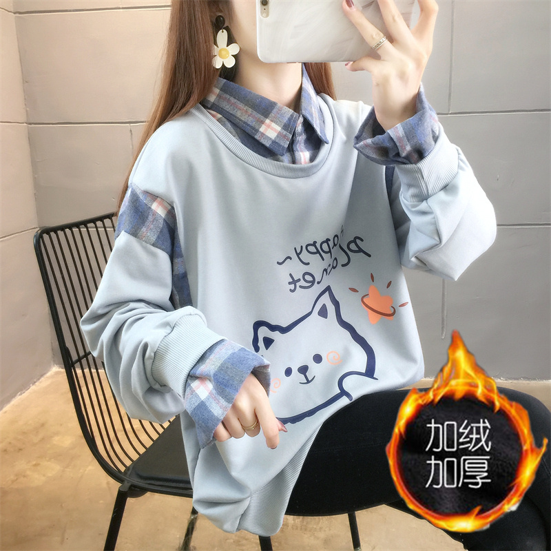 實拍新款秋冬假兩件寬鬆Polo娃娃領拼色加厚加絨衛衣女上衣