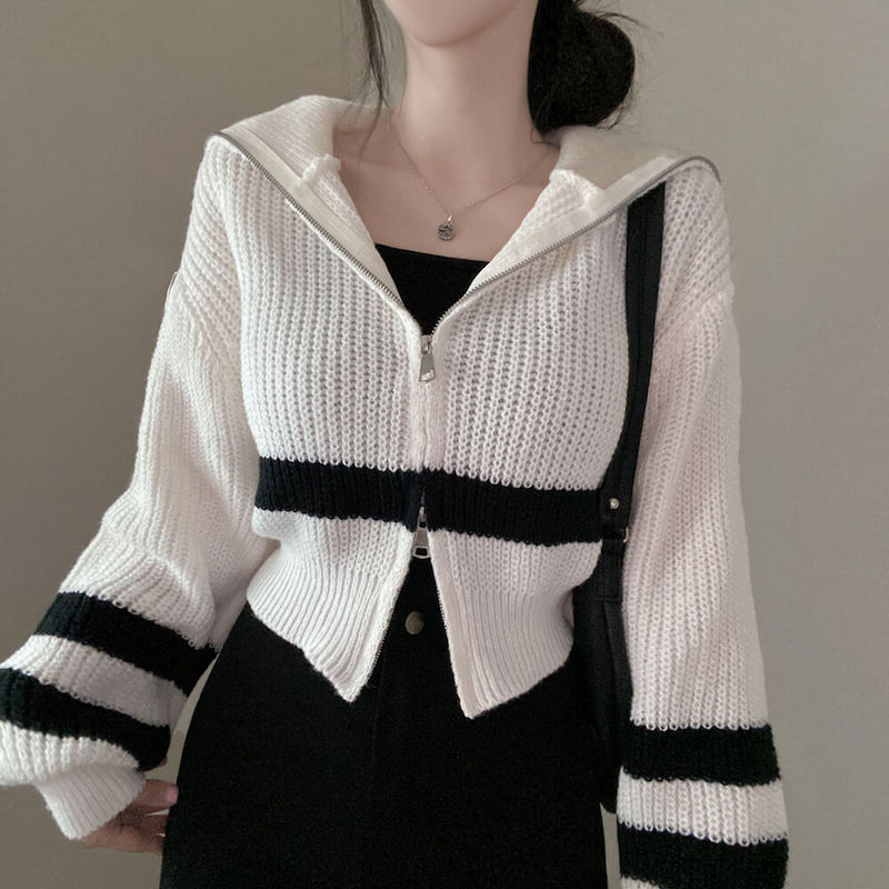 已八載 撞色寬條紋針織開衫外套女圓領寬鬆顯瘦拉鏈短款上衣