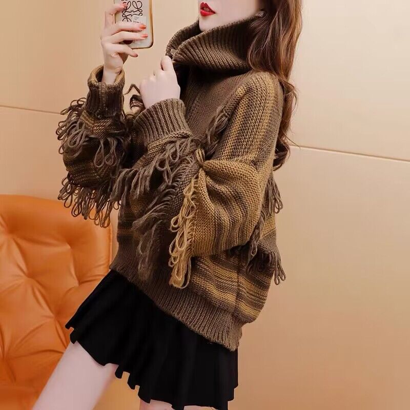 2023秋冬新款設計感流蘇大翻領毛衣慵懶寬鬆灰色加厚上衣女