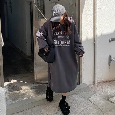 實拍250克加絨加厚雙層帽連帽衛衣裙女長款寬鬆慵懶裙潮
