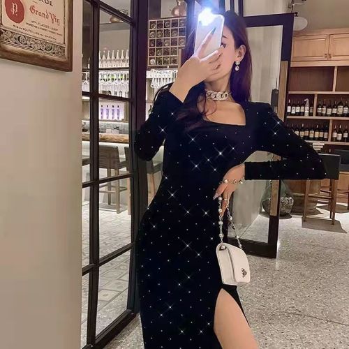 Autumn and winter new style Hong Kong style celebrity temperament retro sexy square neck halter neck strapless slit slim dress dress for women