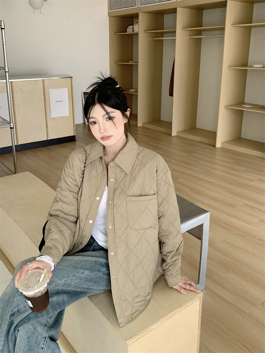 實拍 秋冬新款韓版襯衫式菱格保暖輕薄時尚棉服外套