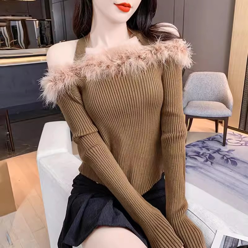 Plush one-shoulder bottoming shirt 2023 new women's autumn and winter sweater fashionable fashionable foreign style high-end long-sleeved top
