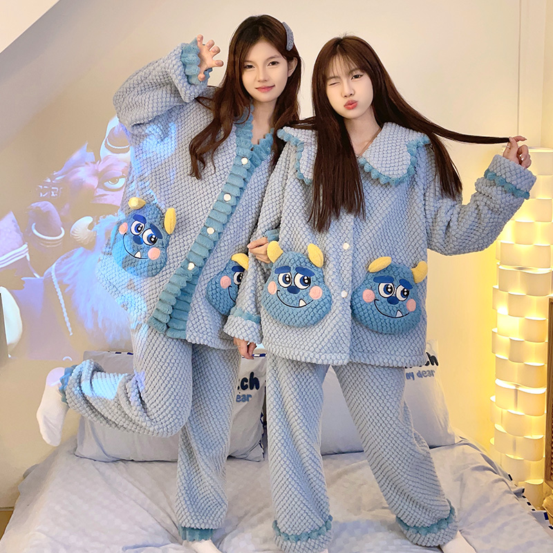 實拍秋冬季新款提花絨睡衣女可愛卡通家居服睡袍閨蜜套裝