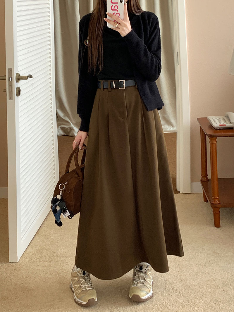 Real shot 2023 autumn and winter new woolen skirt women's high-waisted slimming mid-length A-line skirt comes with a belt