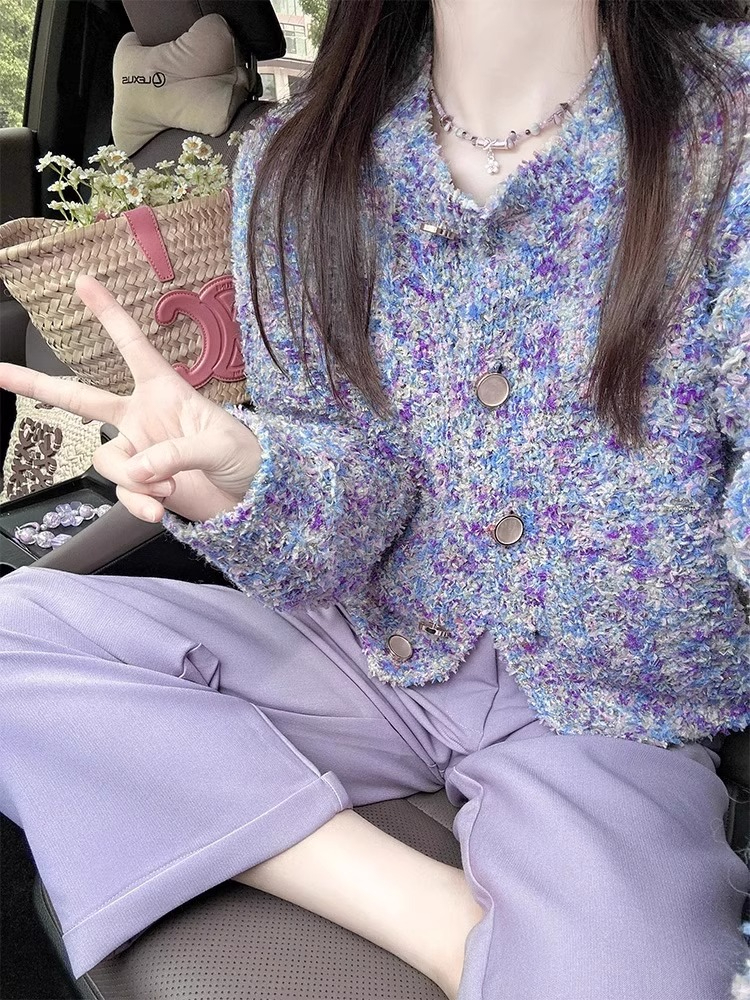 Purple Cardigan Sweater Women's Autumn 2023 New Dopamine Lazy Style Small Fragrance Jacket for Women