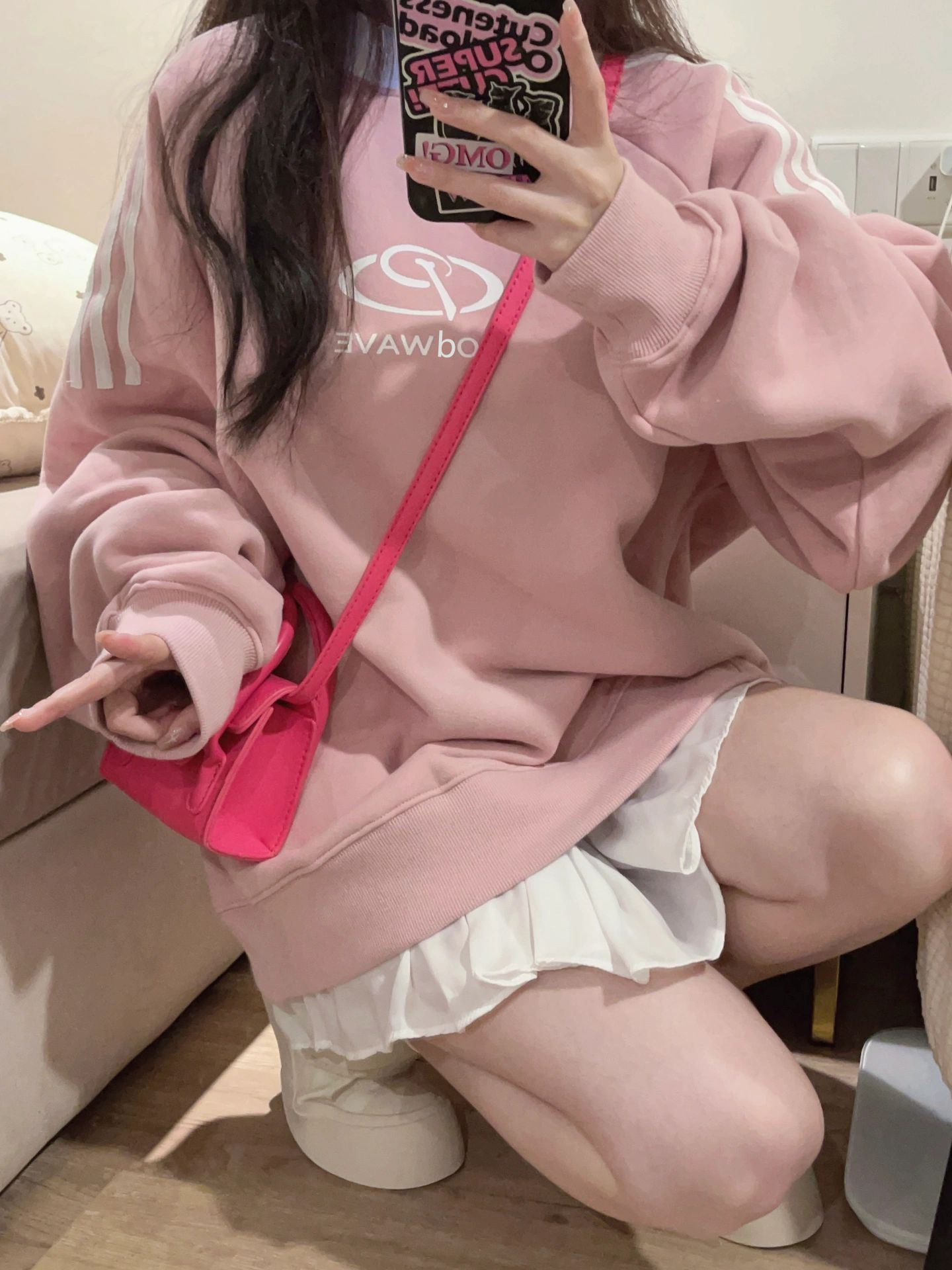 原版做工CVC食毛華棉/薄款300克粉色圓領拉三槓插肩袖衛衣女