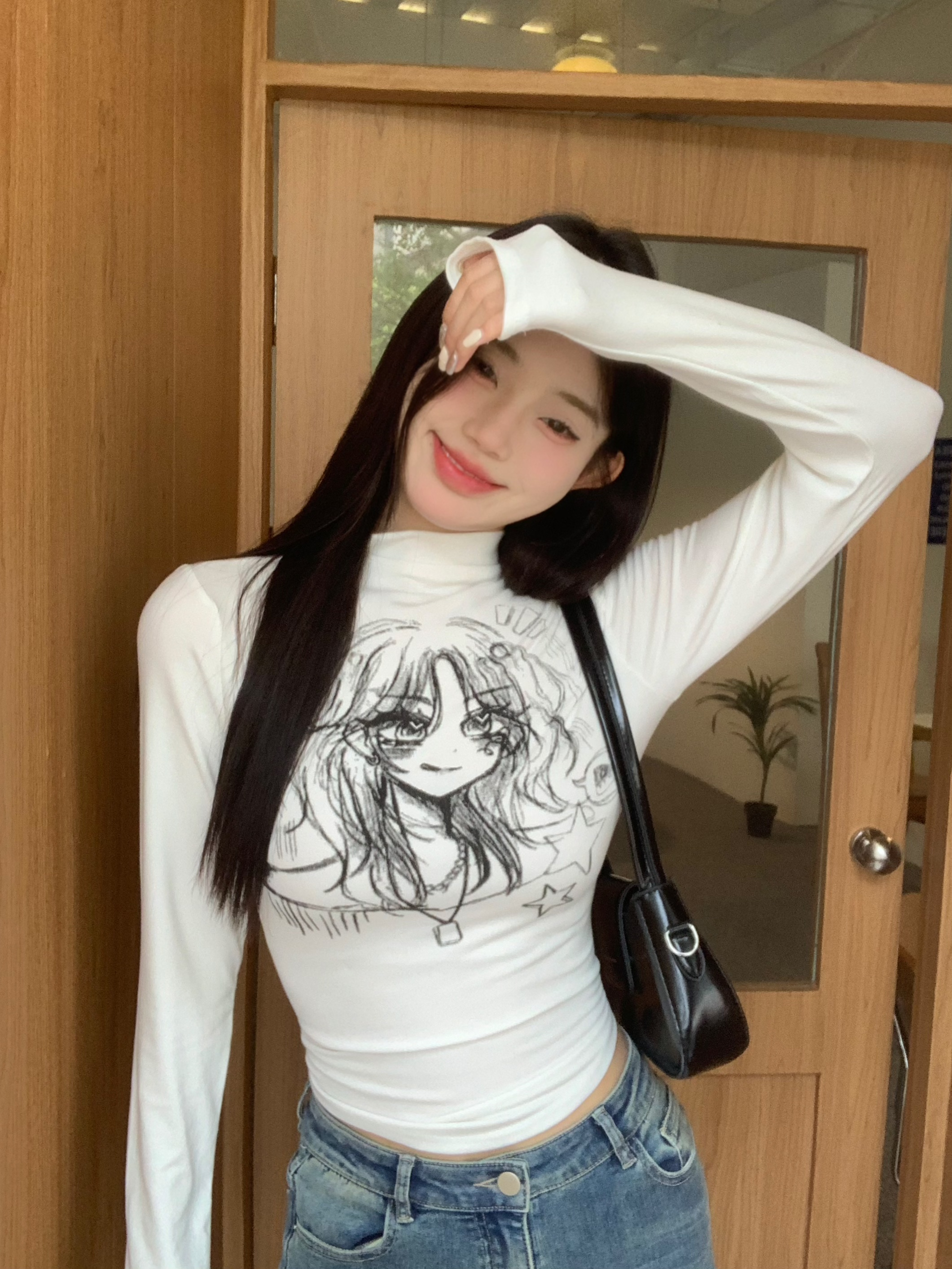1*1螺紋德絨半高領長袖T恤女秋卡通印花修身顯瘦不規則上衣ins