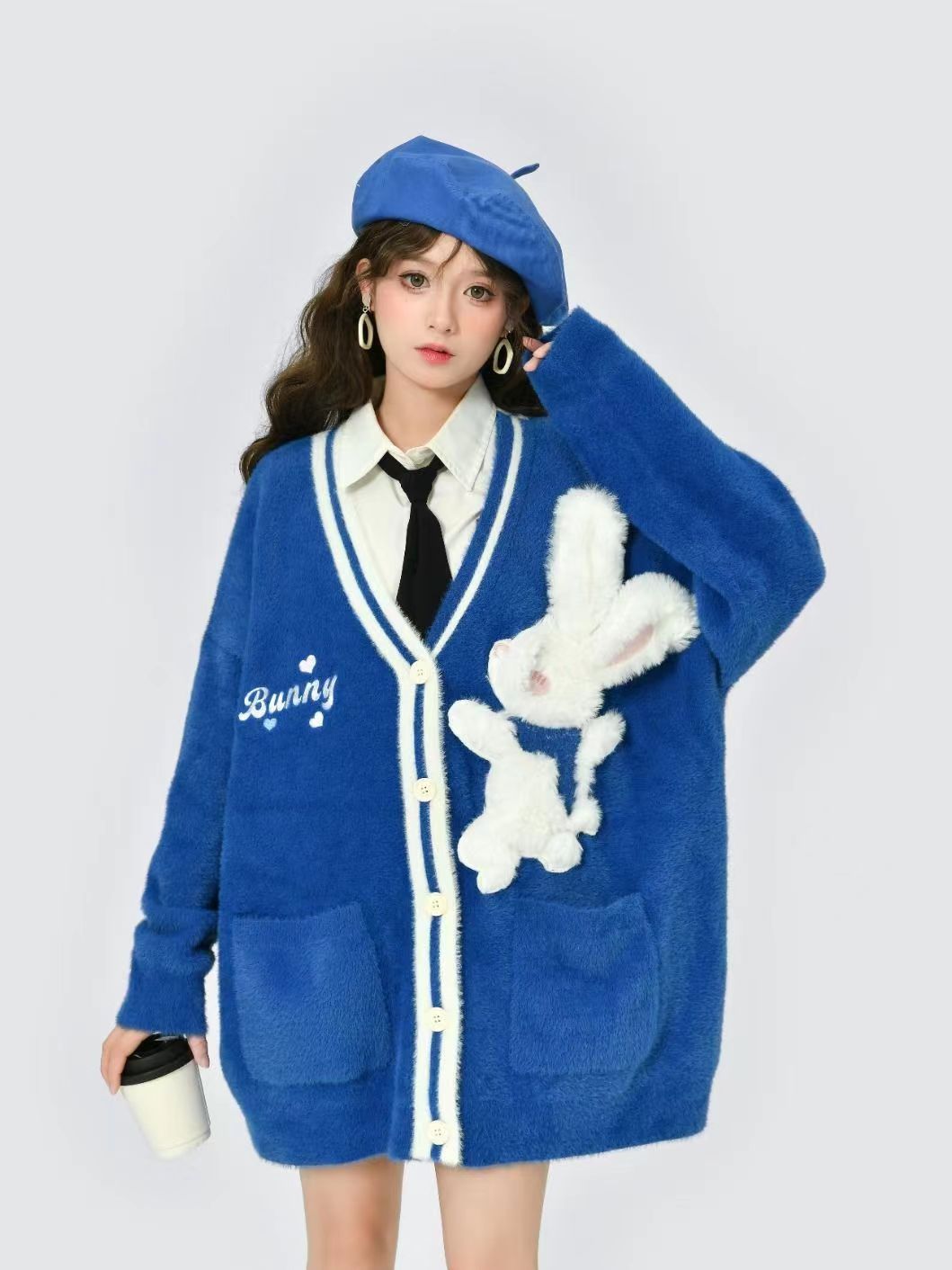 Autumn and winter new bear cardigan women's college style design bear lazy style cardigan V-neck sweater college