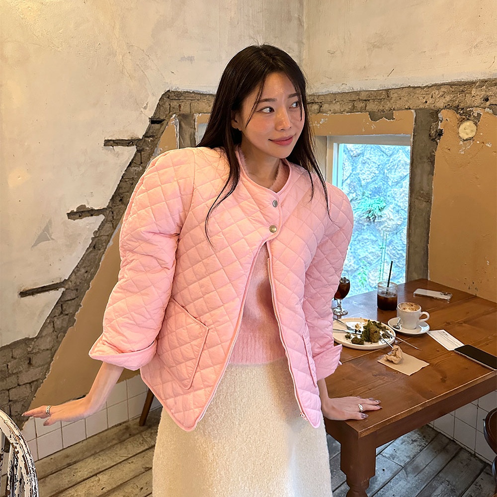 韓國chic復古時尚溫柔減齡菱格側扣拉鏈口袋休閒棉衣外套