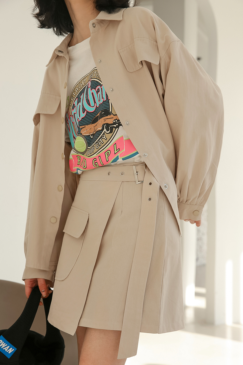 Actual shot of niche fashion suit, 2023 autumn polo collar single-breasted top and skirt two-piece set