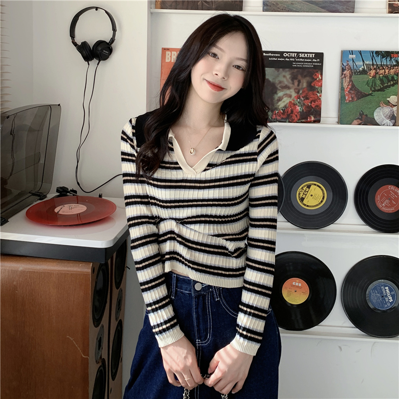 Designed striped Polo collar pullover sweater for women in autumn, versatile and age-reducing loose sweater jacket, chic and cool silk