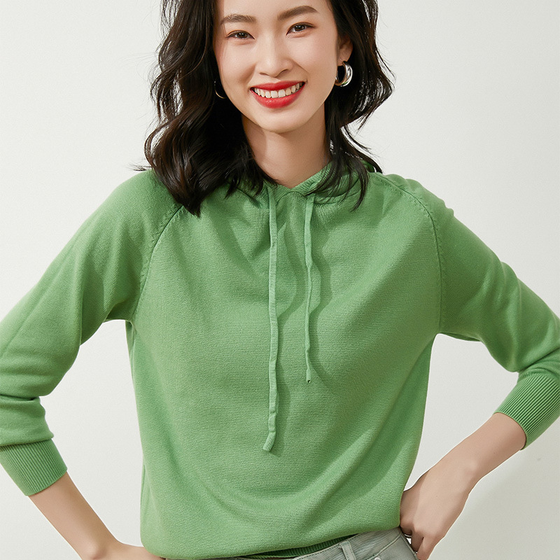 2023秋季新款連帽毛衣女士長袖系帶上衣寬鬆針織衫打底帽衫苞芯紗