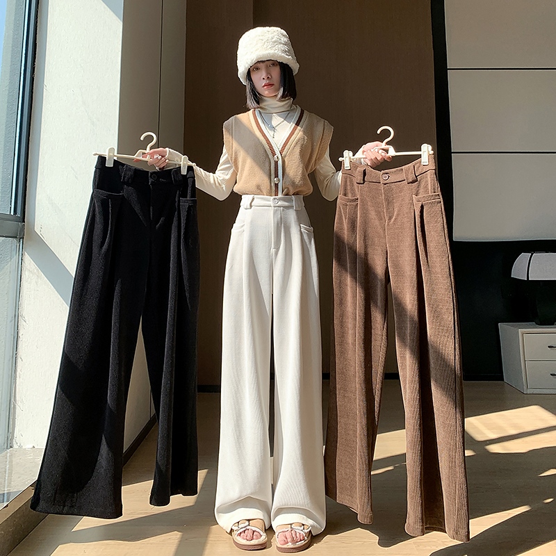 實拍歐棉絨闊腿褲女秋冬2023新款高腰闊腿褲皺褶垂感休閒拖地褲子