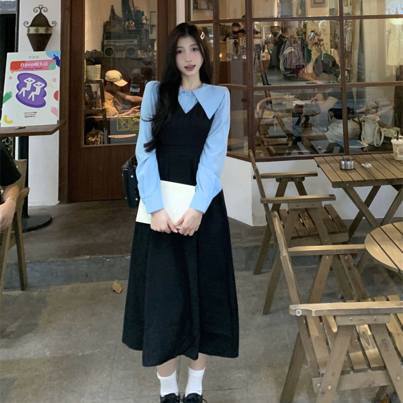 女裝秋冬2023新款復古學院假兩件連衣裙翻領收腰顯瘦長裙