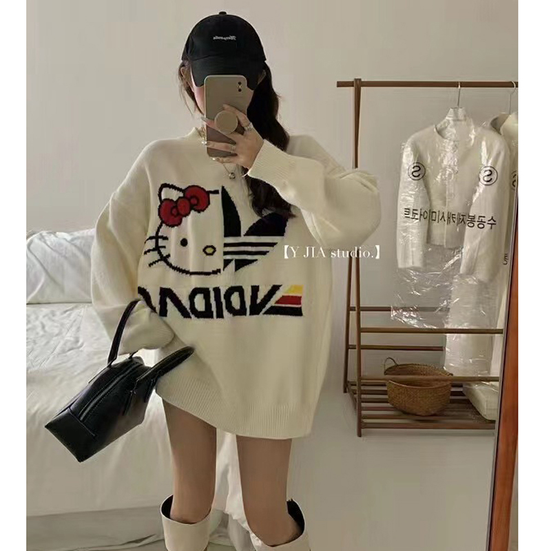 休閒毛衣女寬鬆韓版2023新款卡通HelloKitty中長款慵懶風黑色外穿