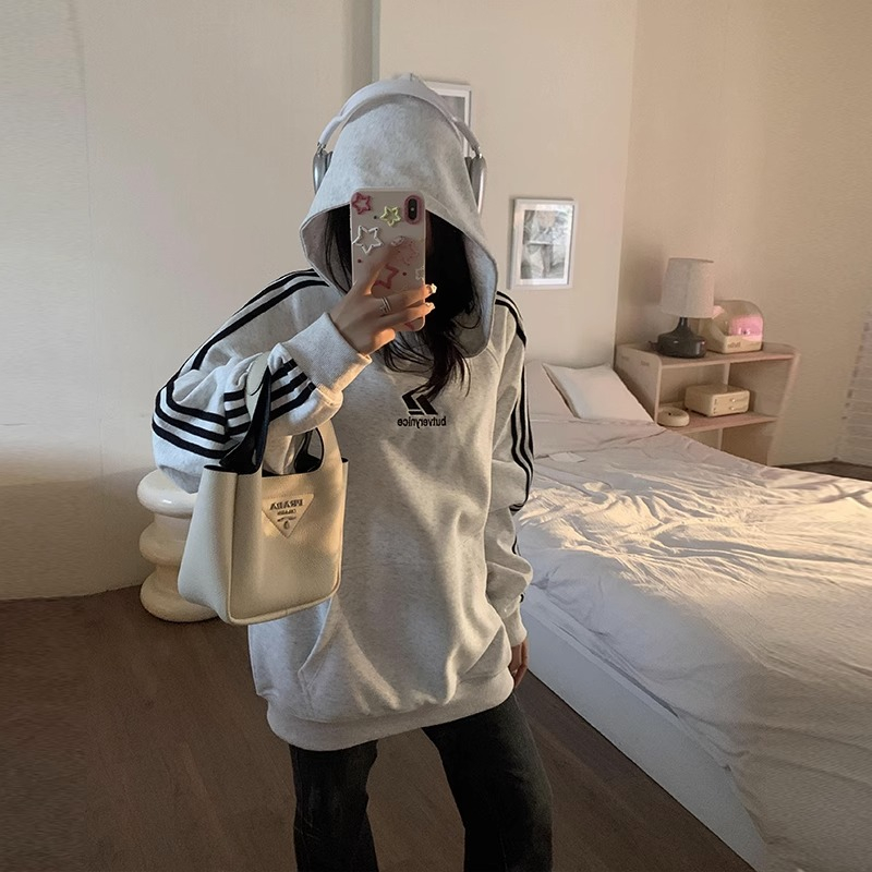 華棉複合真超2023美式復古三槓連帽衛衣女春秋寬鬆街頭百搭外套