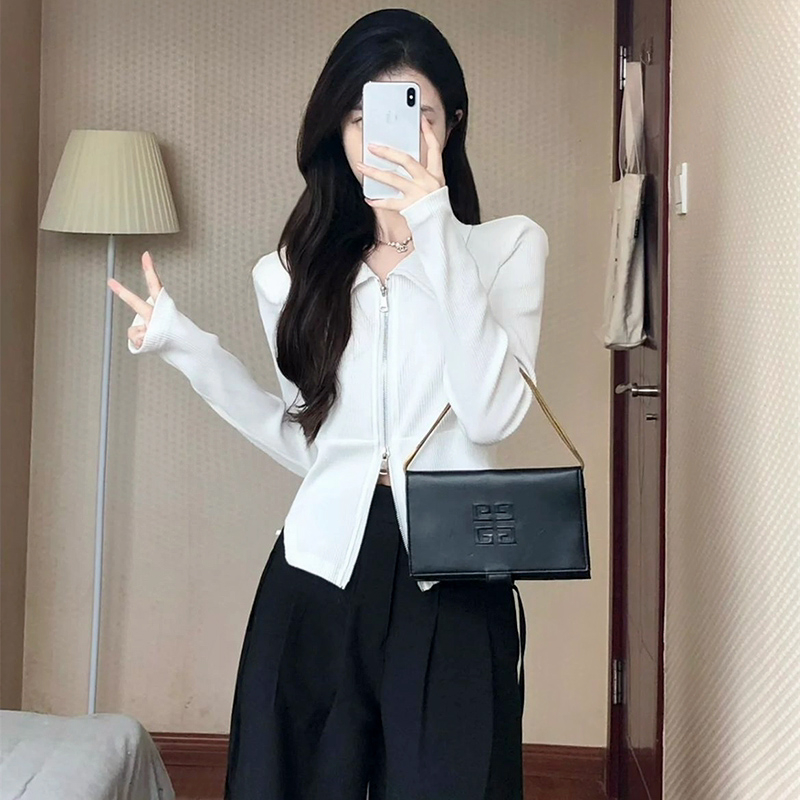 設計感小眾POLO領正肩長袖T恤女春秋內搭短款打底衫高腰修身上衣