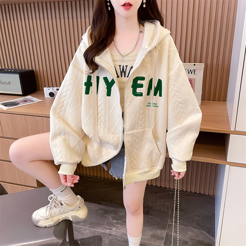 Real shot 100 polyester jacquard 400g autumn thin loose hooded embroidered letters large size sweatshirt for women