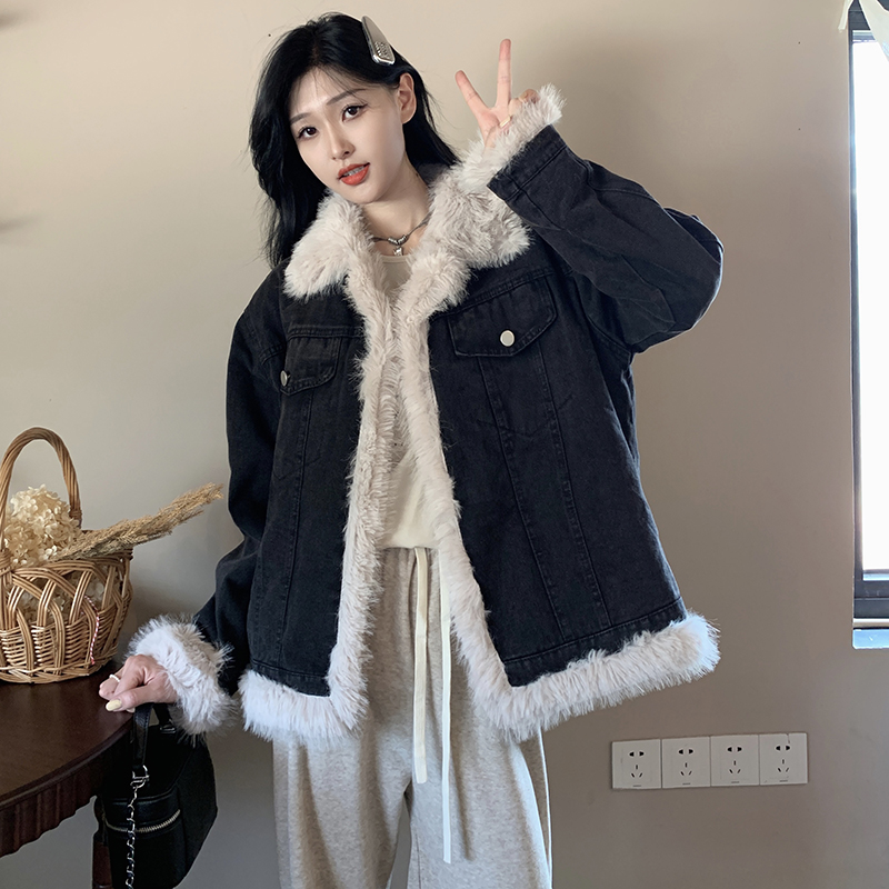 實拍~加厚夾棉毛絨牛仔棉服外套秋冬法式高級感炸街上衣